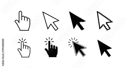 a set of cursor icons including hand and arrow mouse pointers with click effects perfect for digital interface and web design.