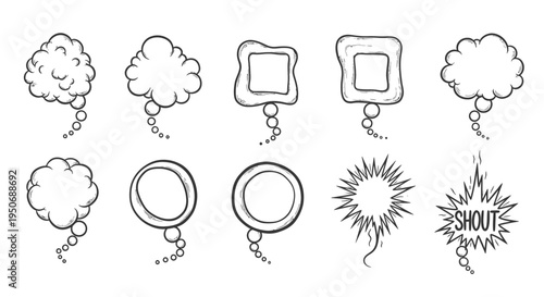 a set of hand-drawn comic speech bubbles thought balloons and shout elements perfect for expressing dialogue and ideas in graphic design projects.