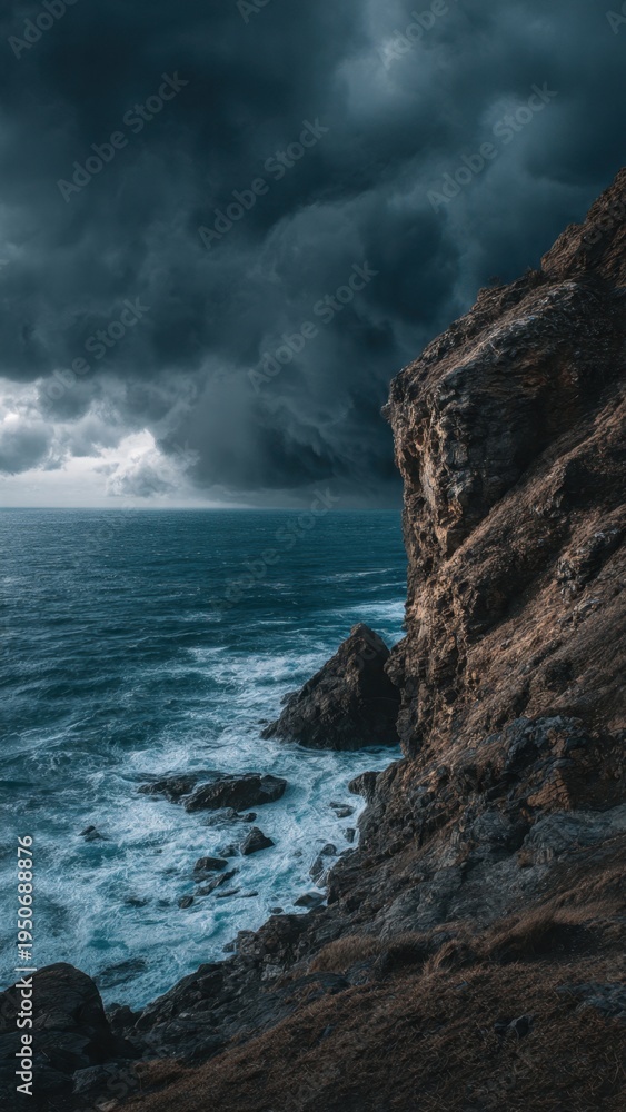 Obraz premium Dramatic Stormy Ocean and Rugged Cliffs with Crashing Waves