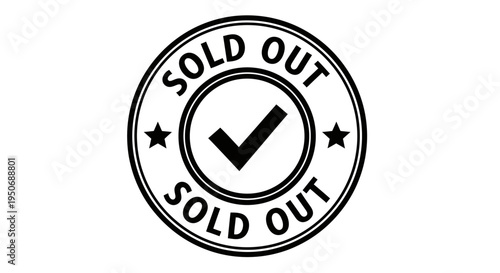 a sold out rubber stamp icon signifying completion or unavailability with a checkmark and stars ideal for marketing and website alerts.