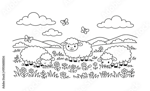 Fluffy sheep grazing peacefully in a sunny meadow with tall grass and blooming wildflowers, rolling hills in the distance,