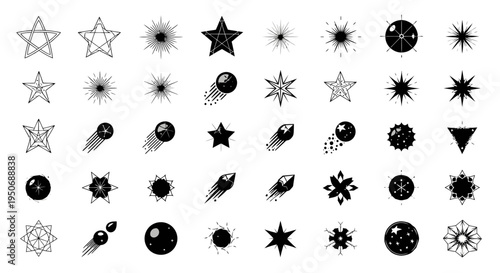a vast collection of black and white star comet and celestial vector icons ideal for space illustration and graphic design elements.