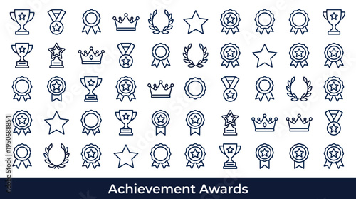 Achievement celebration symbols and prize recognition emblems associated with success excellence and accomplishment represented as
