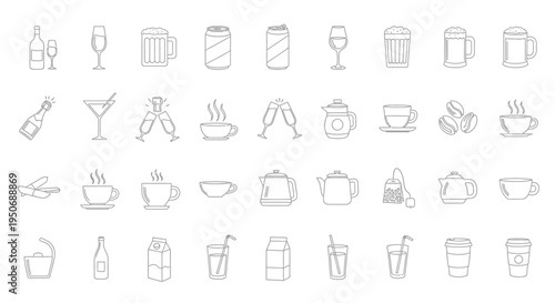 a versatile set of outline drink icons illustrating beverages from coffee to wine for menus and hospitality designs.