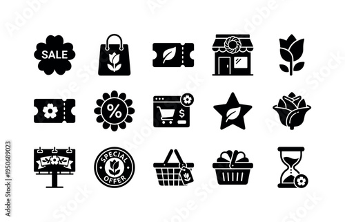 Blossom shaped sale logo icon, promo shopping bag with tulip symbol, discount coupon card with leaf icon, storefront with spring