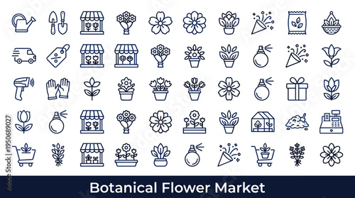 Botanical marketplace symbols and fresh blossom commerce elements associated with selling decorative flowers and plants