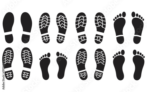 Collection of various footprints and shoe prints in black on white background for tracking and identification purposes