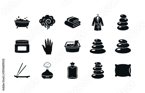 Bathtub with bubbles, shower steam cloud, folded towel stack, bathrobe hanging, face mask jar, manicure hand, pedicure foot spa,