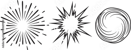 Three abstract black line art designs resembling explosions or bursts
