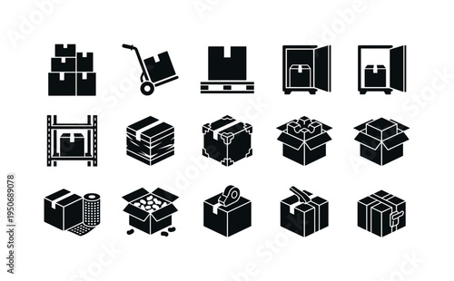 Stacked moving boxes pile, box on hand truck trolley, box on wooden pallet, box inside storage locker, box on warehouse shelf, box
