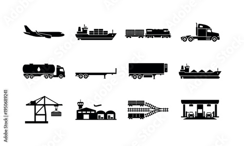 Cargo airplane silhouette, freight cargo ship, intermodal freight train, long haul truck tractor, fuel tanker truck, flatbed
