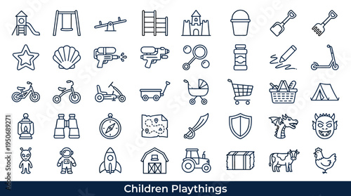 Children play objects designed for outdoor fun, imagination games and activity based play represented as minimal line icons of