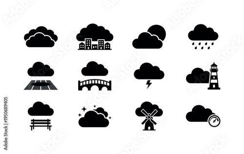 Heavy cloud ceiling icon, cloud blanket over town symbol, cloudy afternoon sun icon, cloud with light drizzle symbol, cloud shadow