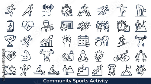 Active recreation symbols and athletic movement elements associated with physical training and community sports activities