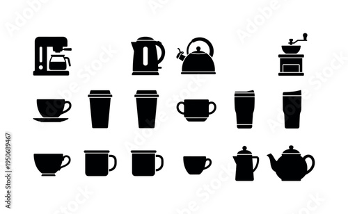 Coffee machine brewer icon, electric kettle appliance symbol, stovetop kettle whistle icon, coffee grinder device symbol, cup with