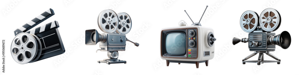 Obraz premium 3D Vintage Cinema Camera and Retro TV Icon Set Classic Film Production Media Equipment Collection Isolated on transparent background