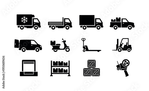 Refrigerated delivery truck, flatbed delivery truck, box truck vehicle, pickup truck with cargo, cargo van with open doors,