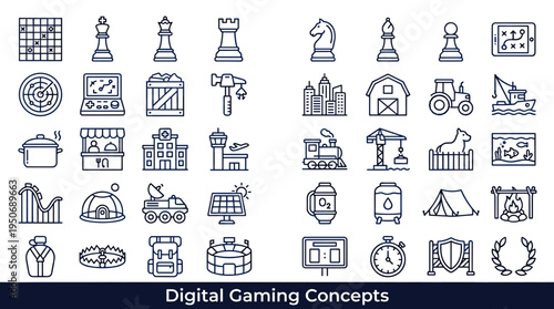 Digital gameplay activities such as strategy challenges, simulation environments and competitive virtual arenas represented as