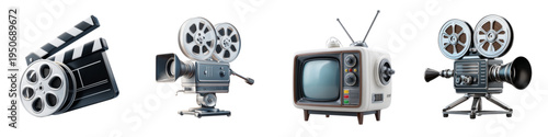 3D Vintage Cinema Camera and Retro TV Icon Set Classic Film Production Media Equipment Collection Isolated on transparent background