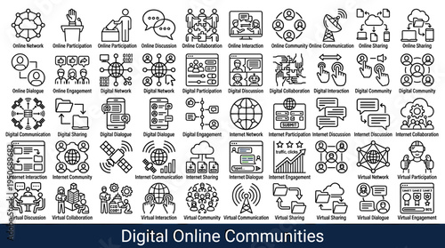 Digital gathering symbols and network participation elements associated with people communicating and sharing ideas through