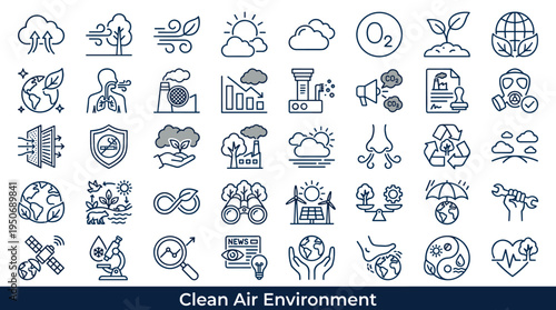 Environmental air purity symbols and breathable atmosphere elements associated with protecting ecosystems and maintaining healthy
