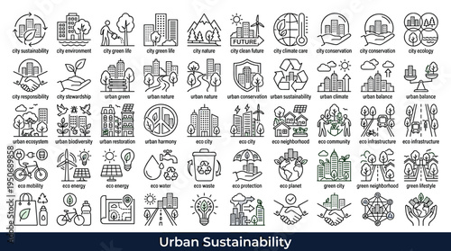 Environmental responsibility symbols and urban sustainability elements associated with protecting nature and improving ecological