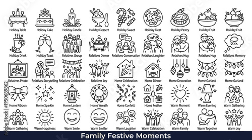 Festive household occasion symbols and joyful reunion elements associated with relatives spending meaningful time together