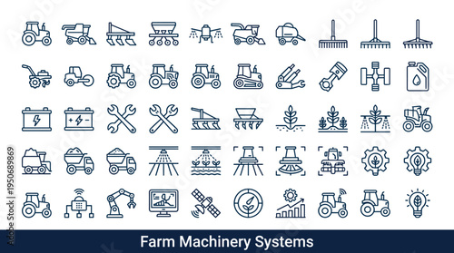 Rural heavy equipment symbols and mechanized land cultivation elements associated with modern agricultural operations represented