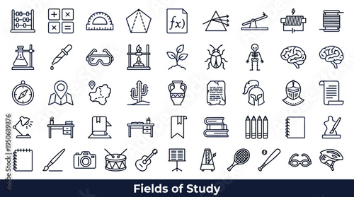 Areas of learning and knowledge exploration shown through representative study tools and conceptual symbols associated with