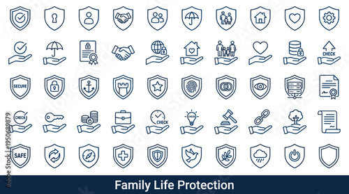 Financial safety symbols and long term protection elements associated with safeguarding human life and family wellbeing through