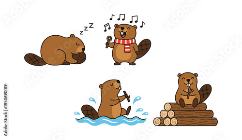 Cartoon beaver character set with different poses and activities including sleeping, singing, swimming, and sitting with wood logs