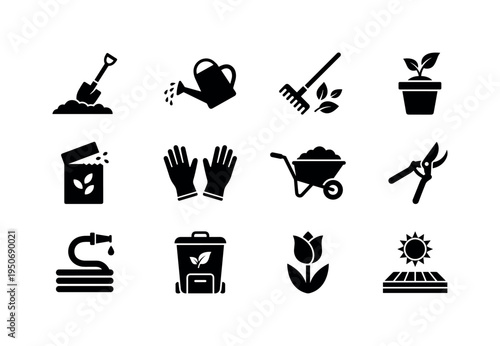 Gardening shovel in soil icon, watering can pouring water symbol, rake tool with leaves icon, flower pot with sprout symbol, seed