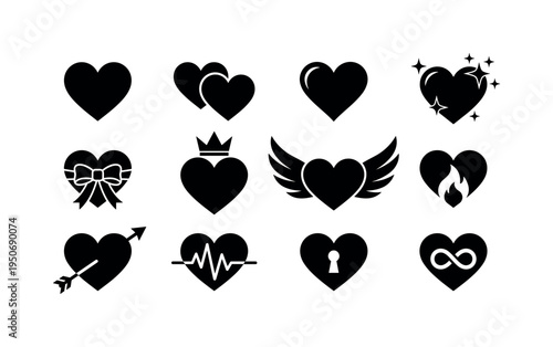Heart compass direction icon, heart globe world, heart clock timepiece, heart hourglass timer, heart trophy award, heart diploma