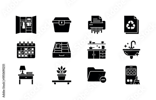 Open closet with space icon, storage bin with lid symbol, paper shredder machine icon, recycling paper stack symbol, calendar