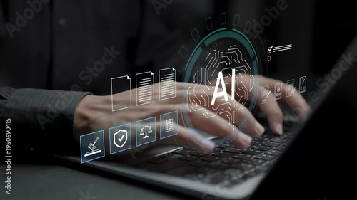 AI compliance and automated legal document review concept. Person using laptop with artificial intelligence and legal compliance icons, automated contract analysis, regulatory monitoring and legal tec