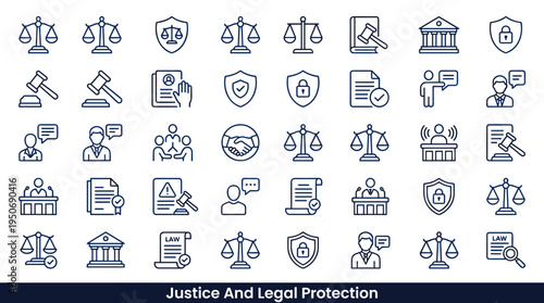 Justice system support symbols and legal protection elements associated with defending rights and resolving disputes represented