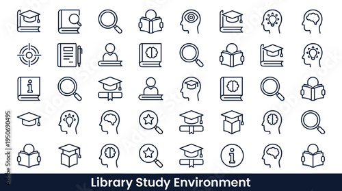 Knowledge study symbols and quiet learning environment elements associated with reading and research in library spaces represented