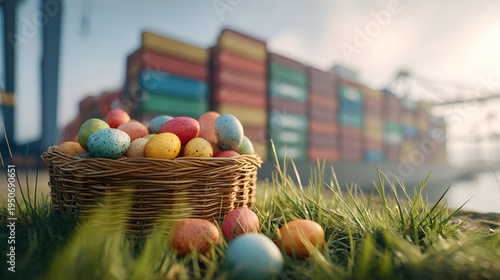 Easter basket with colorful eggs on spring grass at an industrial port, shipping containers behind, warm morning sunlight, bright seasonal logistics scene.