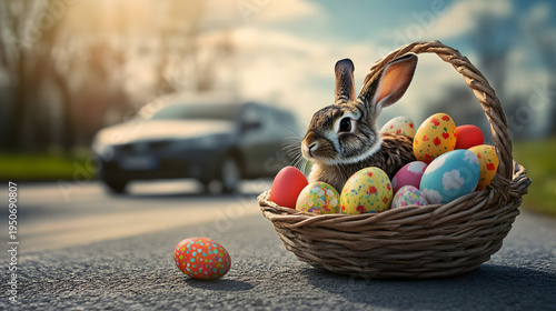 Rabbit and basket full of colorful Easter eggs on a highway with cars passing by. Concept of Easter traveling and celebration.