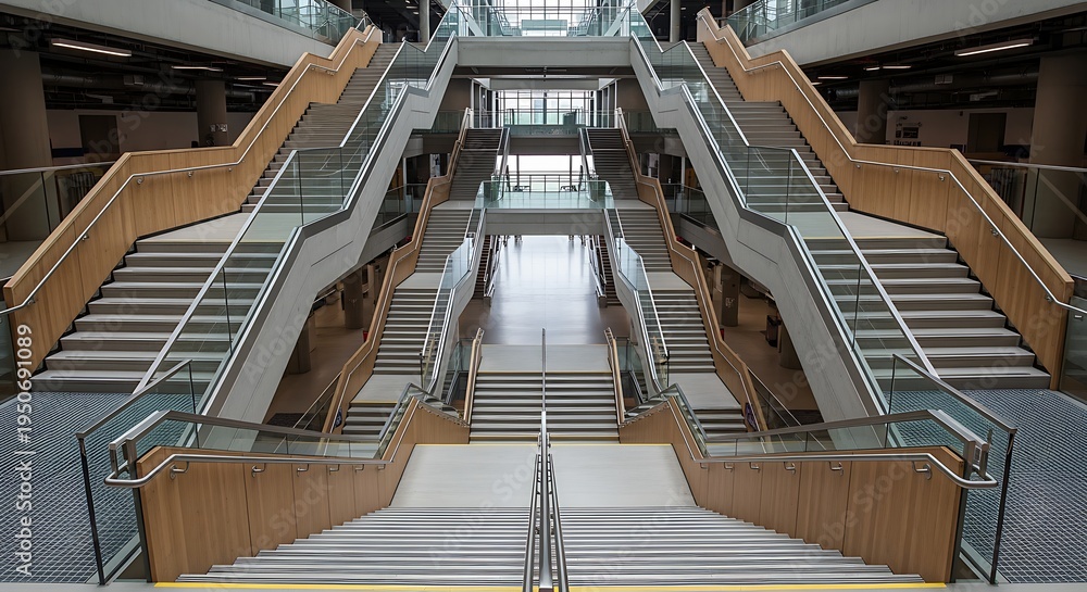 Obraz premium Modern Multi-level Indoor Staircase with Glass Railings in Contemporary Commercial Building