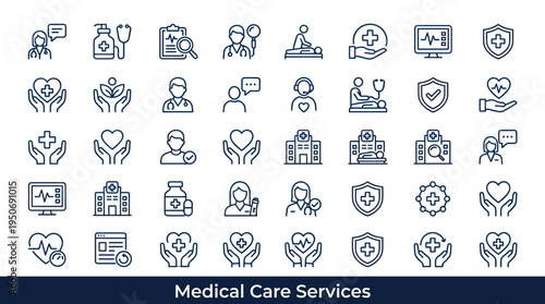 Personal medical treatment symbols and professional healthcare assistance elements associated with modern patient care represented