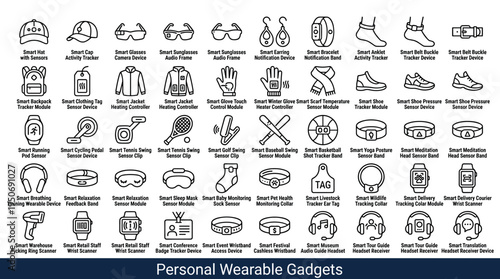 Compact personal digital gadgets designed to be attached to clothing, worn on the body or integrated into accessories represented