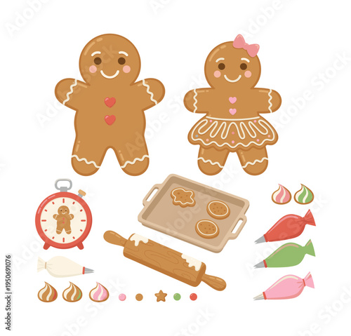 Gingerbread man and woman cookies with baking tools. Preparing homemade festive sweets for upcoming winter holiday celebrations