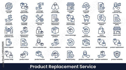 Purchase replacement symbols and customer service elements associated with swapping goods after sale represented as clean line