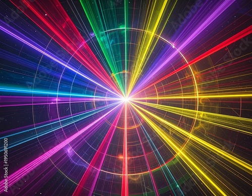 Abstract Futuristic Technology Background with Colorful Laser Beams and Digital Grid