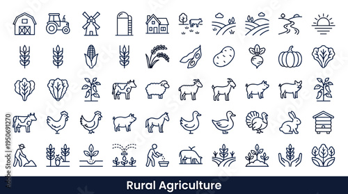 Rural food cultivation symbols and countryside land management elements associated with sustainable agriculture and farm life