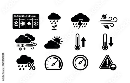 Seasonal forecast board icon, spring rain outlook symbol, summer storm forecast icon, autumn wind outlook symbol, winter blizzard