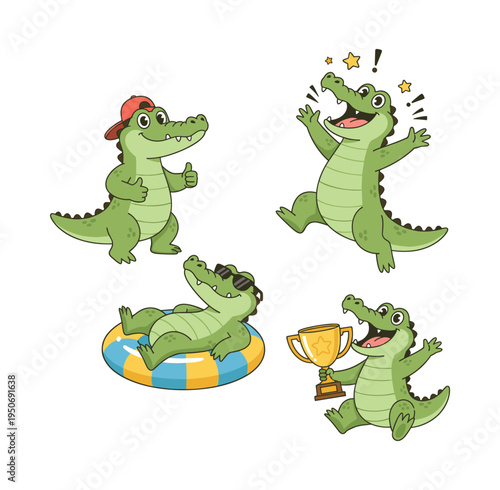 Alligator mascot character displaying various emotions: happy, celebrating, winning, and relaxing on an inner tube