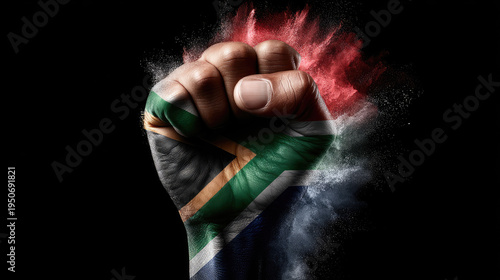 Raised fists symbolizing strength and unity in South Africa, celebrating struggle, liberation, and diversity with dust particles dispersing across a black background. Africa Day