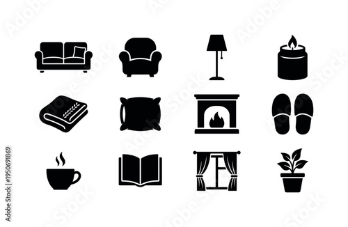 Sofa couch with cushions, soft armchair seat, floor lamp light, lit candle jar, knitted blanket folded, fluffy pillow, fireplace